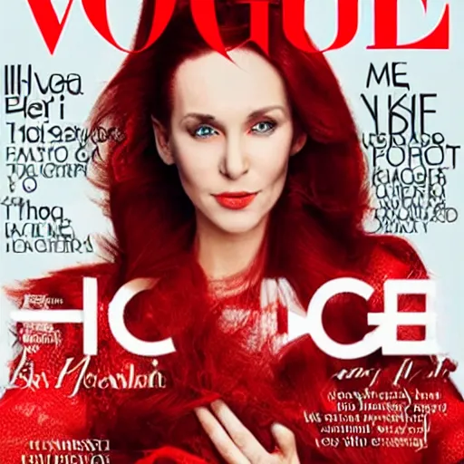 Prompt: Vladmir putin with his new red hair posind to Vogue magazine cover photo