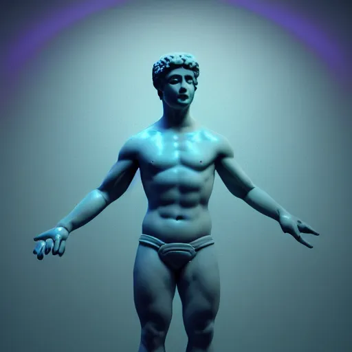 Prompt: unreal engine octane render houdini hyperreallistic render 8k marble statue of hercules vaporwave blue and pink neon background