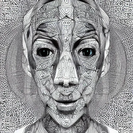 Prompt: Geometrically surreal Artificial Intelligence monk, high detail, photorealistic, intricate line drawings, dotart, album art in the style of James Jean