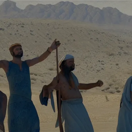 Prompt: moses and the hebrew people in desert praising a golden snake, cinematic view, ultra hd