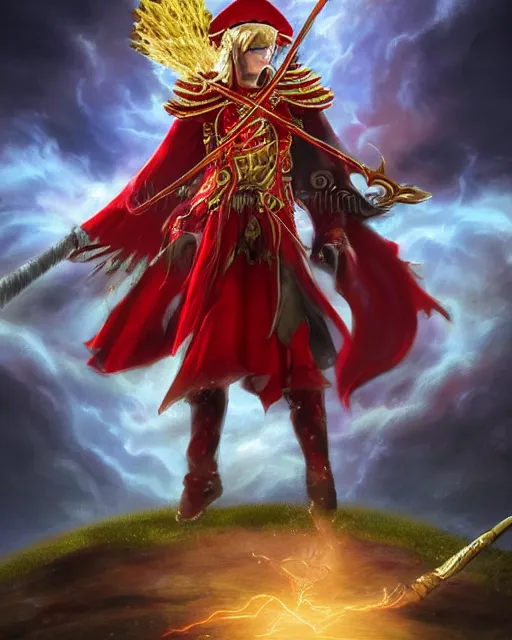 Prompt: A Full View of a Red Mage wearing red white and gold striped magical shining armor and a feathered hat holding a staff of power with a gemstone topper surrounded by an epic cloudscape. Magus. Red Wizard. Magimaster. Conquistador armor. Red and white striped cape. masterpiece. 4k digital illustration. by Ruan Jia and Mandy Jurgens and Artgerm and greg rutkowski and and Andreas Rocha and William-Adolphe Bouguereau and Edmund Blair Leighton, award winning, Artstation, art nouveau aesthetic, Alphonse Mucha background, intricate details, realistic, panoramic view, Hyperdetailed, 8k resolution, intricate art nouveau