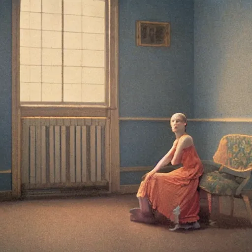 Prompt: a lonely girl in an haunted liminal abandoned room, film still by wes anderson, depicted by balthus, limited color palette, very intricate, art nouveau, highly detailed, lights by hopper, soft pastel colors