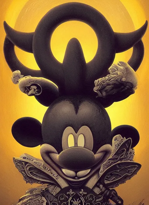 Image similar to portrait of a baphomet mickey mouse, depth of field, soft focus, highly detailed, intricate, realistic, national geographic cover, soft glow, textured, artstation, concept art, sharp focus, illustration, artgerm, greg rutkowski, earl norem