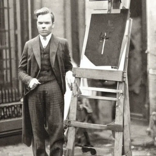 Image similar to ewan mcgregor is dressed as a gentleman at early 2 0 th century paris. he is standing next to an easel. that easel has a canvas on it.