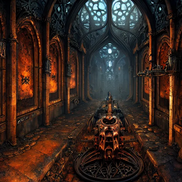 Image similar to steam necropolis, memento mori, gothic, neo - gothic, art nouveau, hyperdetailed copper patina medieval icon, stefan morrell, philippe druillet, ralph mcquarrie, concept art, steampunk, unreal engine, detailed intricate environment, octane render, moody atmospherics, volumetric lighting, ultrasharp, ominous, otherworldly