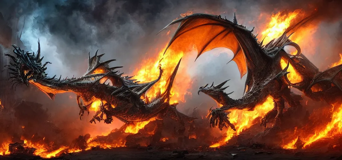 Image similar to a mecanic dragon with big mouth destroy a building with fire in the night, dark fantasy, apocalypse