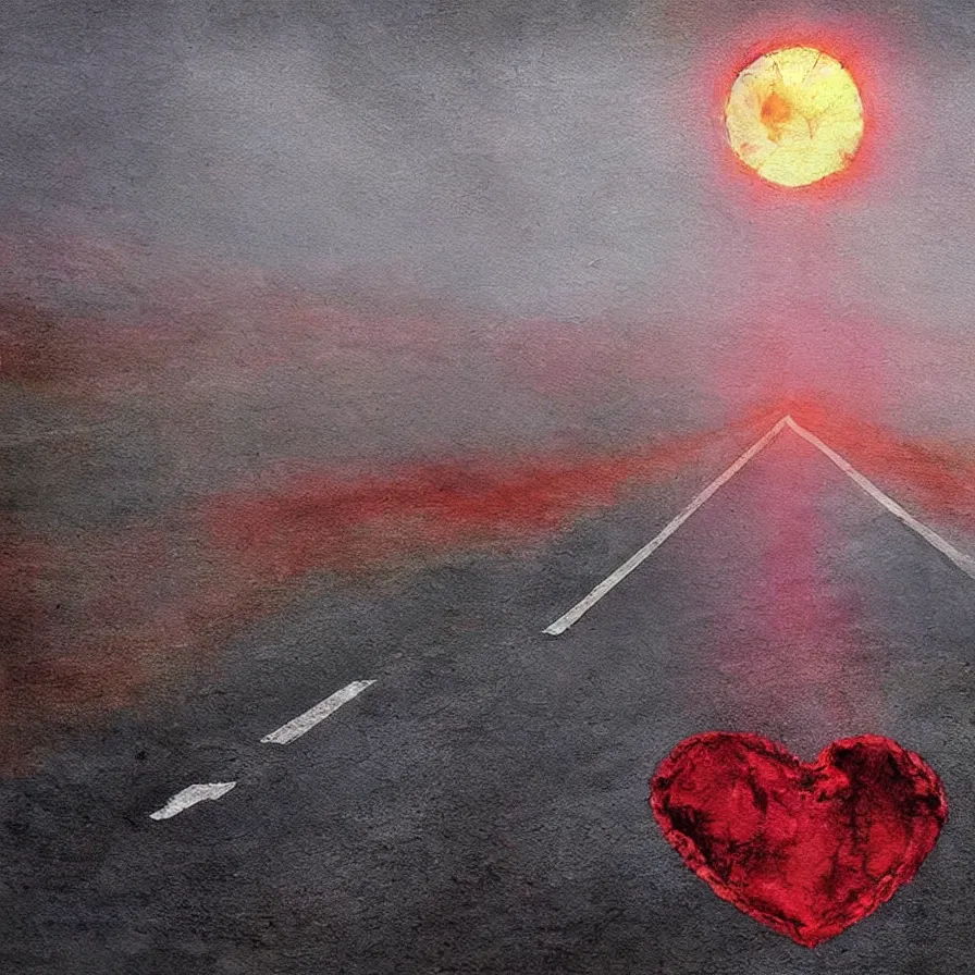 Image similar to atmospheric original artwork of a highway road that is a blood artery leading to the heart's core, which is like the sun.