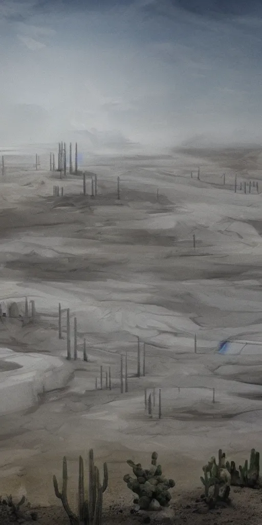 Prompt: andrei tarkovsky scene, a matte painting of a white stepped architecture in the mining tailings in the desert, biroremediation plant, foggy, patchy cactus, oil painting, pale colors, high detail, 8 k, wide angle, trending on artstation, behance