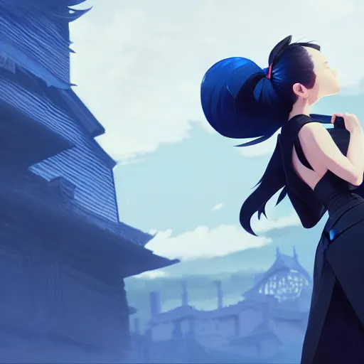 Prompt: low - angle shot from behind of a long blue ponytail girl in a tailcoat overlooking noxus, noir, screenshot, sharp focus, intricate, illustration, cell shaded, digital painting, highly detailed, art by ilya kuvshinov, wlop, greg rutkowski, studio quality, james jean