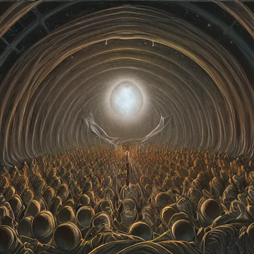 Prompt: a quantum computer surrounded by a dark cabal of multiple hooded elven mystics in long dark robes gathered in a circular formation, dan seagrave art, michael whelan