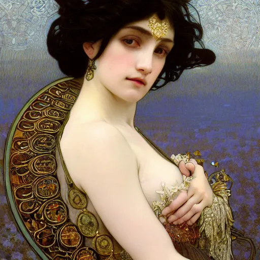 Image similar to highly detailed portrait of a beautiful cute girl with feathers, endless black hair, with pale skin, fibonacci, fragile, sitted on an intricate stone throne by alphonse mucha, nicola samuri, dino valls, m. w. kaluta, rule of thirds, seductive look, 4 k resolution