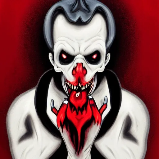 Image similar to the _ devil _ holding _ a _ skull _ red _ horns _ ominous _ fiery _ background _ symmetrical _ detailed _ face _ despair _ highly _ detailed _ high _ resolution _ sandro _ botticel