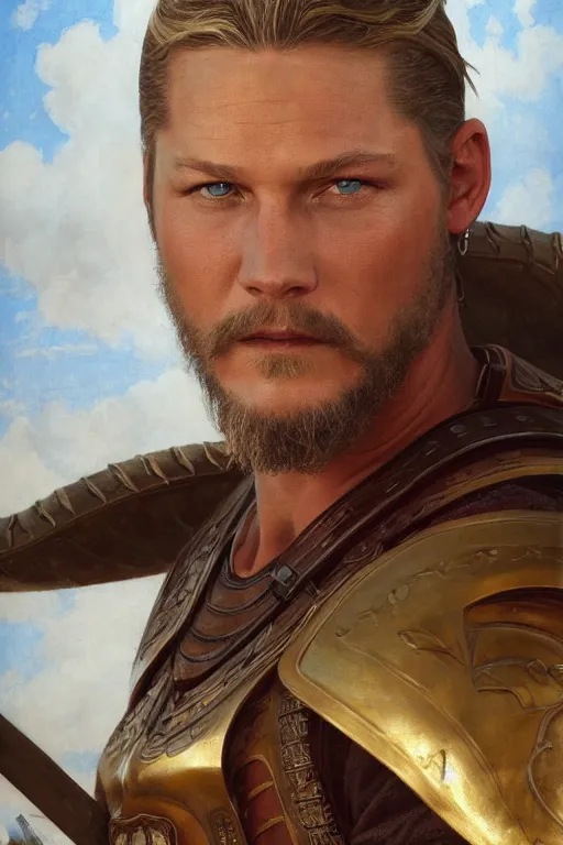 Prompt: Travis Fimmel as Gladiator in the movie Gladiator, oil on canvas, artstation, by J. C. Leyendecker and Edmund Blair Leighton and Charlie Bowater, octane render