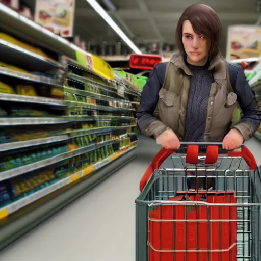 Prompt: alyx from half life doing groceries at the supermarket, picking up a can beans