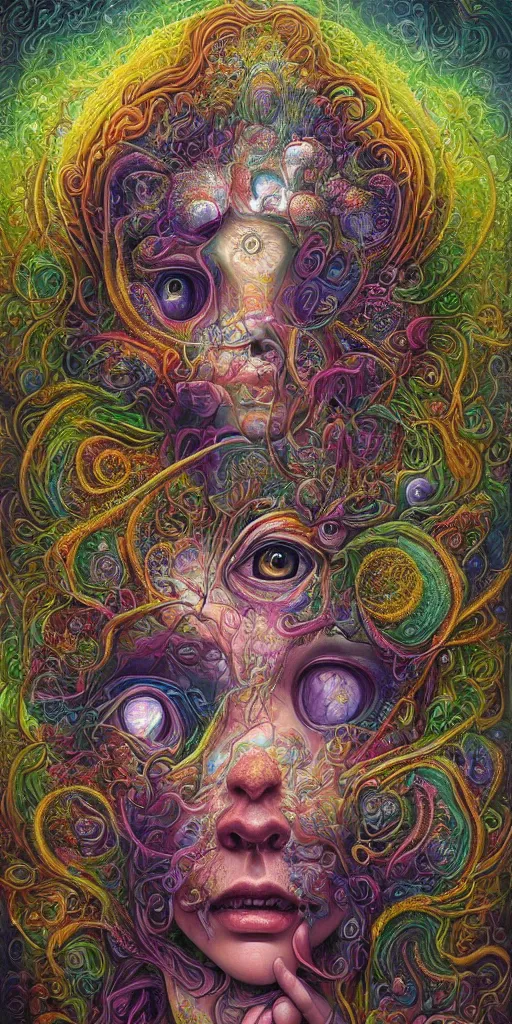 Prompt: a beautiful surrealist painting of deep dimensional realms of universal consciousness a beautiful face emerges with their third eye wide open by hanna yata, geenss archenti flores, digital art