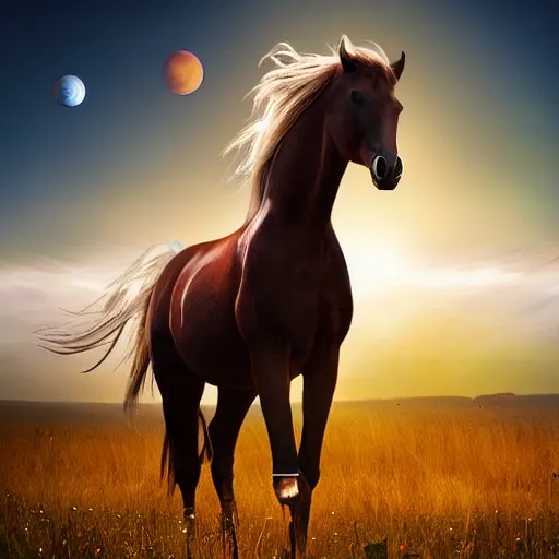 Prompt: realistic photograph of a horse standing in a field with Saturn in the sky, sunset lighting, high quality