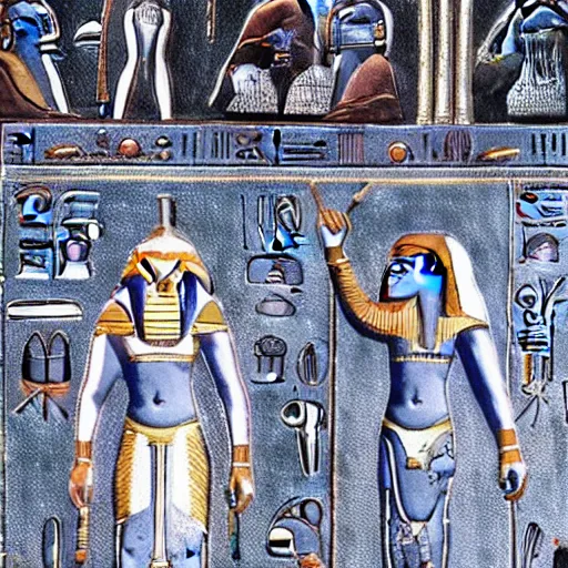 Prompt: the annunaki have returned to egypt wearing space suits that look like egyptian pharoah head - dresses and breathing hoses that look like elephant trunks - alien - looking, futuristic, detailed, photo - realism