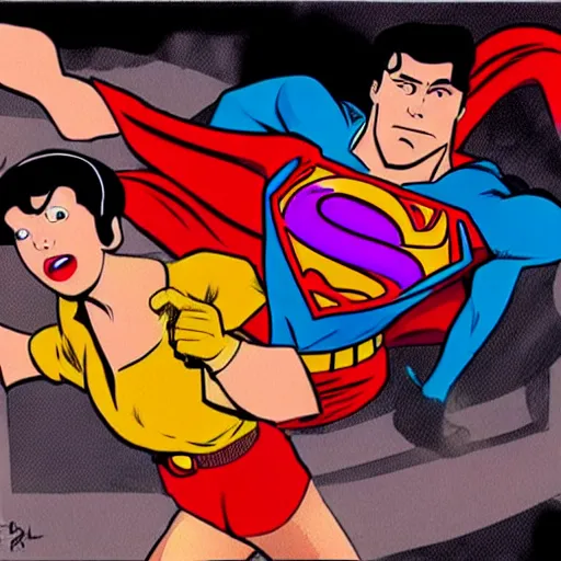 Image similar to Velma from Scooby-doo knocks out Superman, comic book, high action, concept art