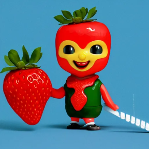 Image similar to a cute strawberry character with two front teeth, holding a yellow toothbrush, in the style of richard scarry