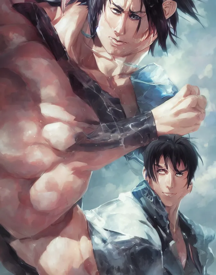 Image similar to anime portrait of nicolas cage as a muscular anime boy by Stanley Artgerm Lau, WLOP, Rossdraws, James Jean, Andrei Riabovitchev, Marc Simonetti, and Sakimichan, trending on artstation