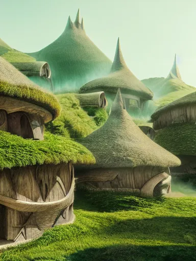 Prompt: futuristic hobbit town in the style of miyazaki, realistic lighting, octane render, beautiful weather, 8 k,