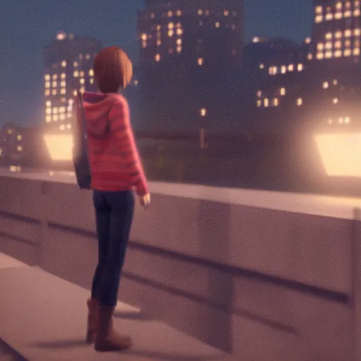 Prompt: max caulfield watching the metropolits at night, realistic, cinematic