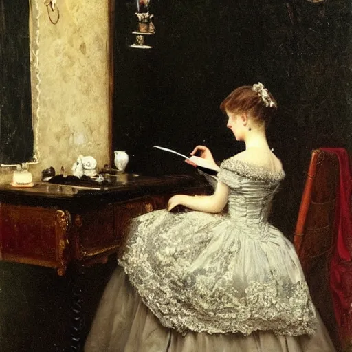 Prompt: victorian girl in ball gown writing a letter, painting by alfred stevens