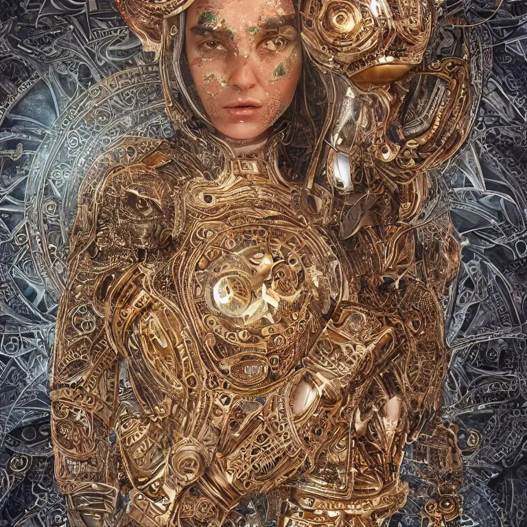 Image similar to octane render portrait by wayne barlow and carlo crivelli and glenn fabry, a high - end chrome clockwork automaton with intricate gold and silver detailing in the style of henna face tattoos, inside a wide mandala pattern made out of colorful flames, volumetric lighting and light rays, cinema 4 d, ray traced lighting, very short depth of field, bokeh