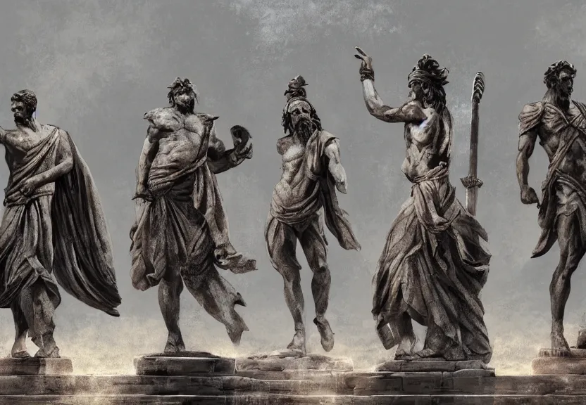 Prompt: painting of the figures of four people in an ancient greece scenery, high contrast, concept art, town, temple, statue, dramatic lighting, digital art, 8 k, extremely detailed, drawn by ruan jia