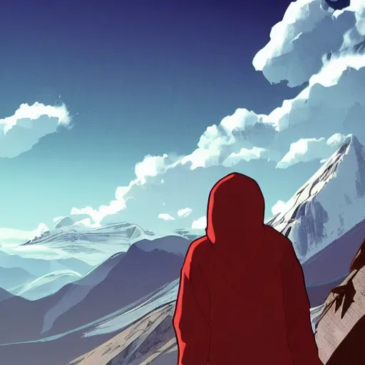 Image similar to person with hoodie walking up a mountain with a backpack that has katanas on the sides by carrie south, anime, amazing composition, astonishing detail, smooth lines, beautiful scenery