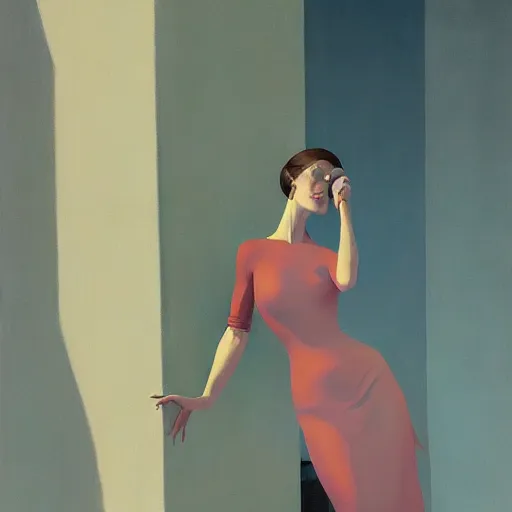 Prompt: A woman wearing tight night dress day dreaming, very coherent, painted by Edward Hopper, Wayne Barlowe, painted by James Gilleard, airbrush, art by JamesJean