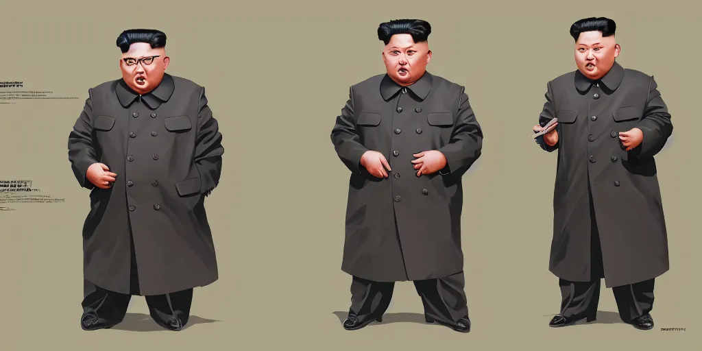 Image similar to kim jong un, character sheet, concept design, contrast, kim jung gi, greg rutkowski, zabrocki, karlkka, jayison devadas, trending on artstation, 8 k, ultra wide angle, pincushion lens effect