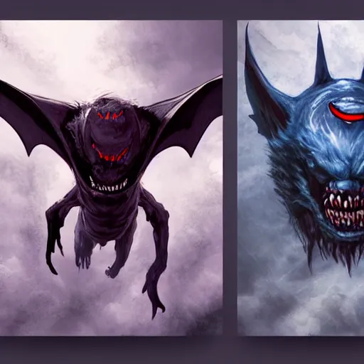 Image similar to front and back character view of scary, giant, mutant, mutated, dark blue humanoid bat, glowing red eyes, flying above a stormy ocean, sharp teeth, acid leaking from mouth, realistic, giant, bat ears, bat nose, bat claws, bat wings, furred, covered in soft fur, detailed, trending on artstation clean concept art and sheet that using unreal engine 5 render and hyper detailed 3D texture with cinematic software light 85mm f/1.4