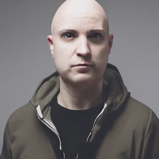 Prompt: High resolution!! Typical bald and evil experimental electronic musician profile picture, 8K, Canon