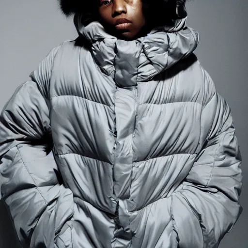 Image similar to realistic photoshooting for a new issey miyake lookbook, color film photography, portrait of a beautiful woman, model is wearing a asymetrical puffer jacket, photo in style of tyler mitchell, 3 5 mm,