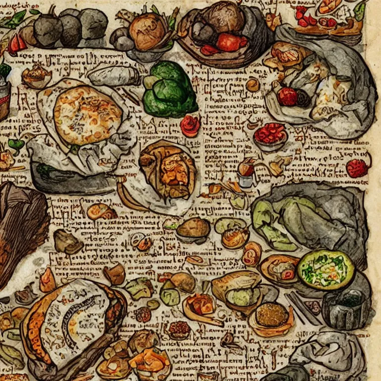 Prompt: middle age illustrated recipe for burrito ( ( ( ( burrito ) ) ) ) lot of medieval enluminures in the background explaining the recipe, schematic in a notebook