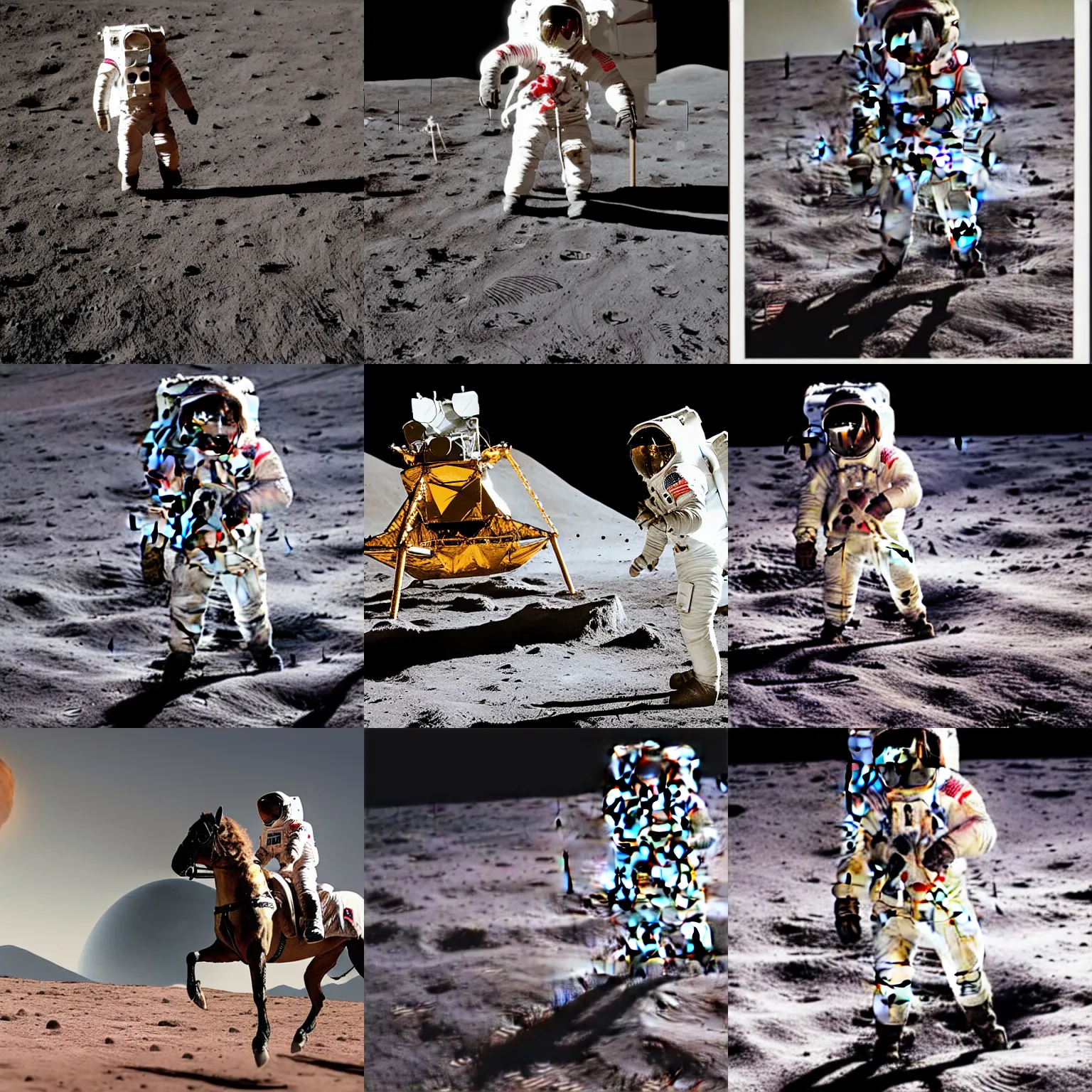 Prompt: running astronaut with a horse on his back on the moon photo,