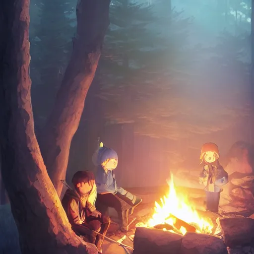 Image similar to yuru camp anime campfire hyperdetailed blue eyes, trending on artstation, cinematic lighting, highly realistically detailed, trending on pixiv , Unreal Engine 4k, detailed faces, manga cover, official anime key visual by greg rutkowski