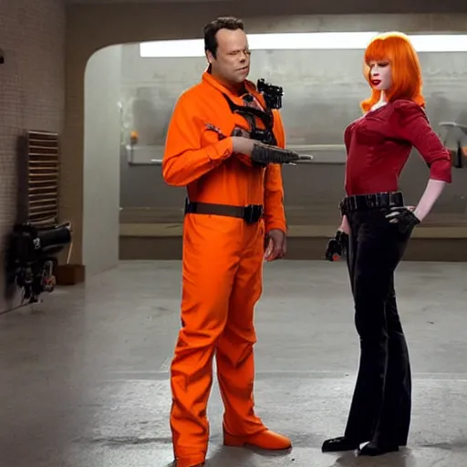 Image similar to vince vaughn as jack fenton, he is wearing an orange coveralls bodysuit with a big sci - fi gun belt, and christina hendricks as maddie fenton, she is wearing a tight teal coveralls bodysuit with a big sci - fi gun belt, movie photo, spooky netflix still shot, they are looking for ghosts