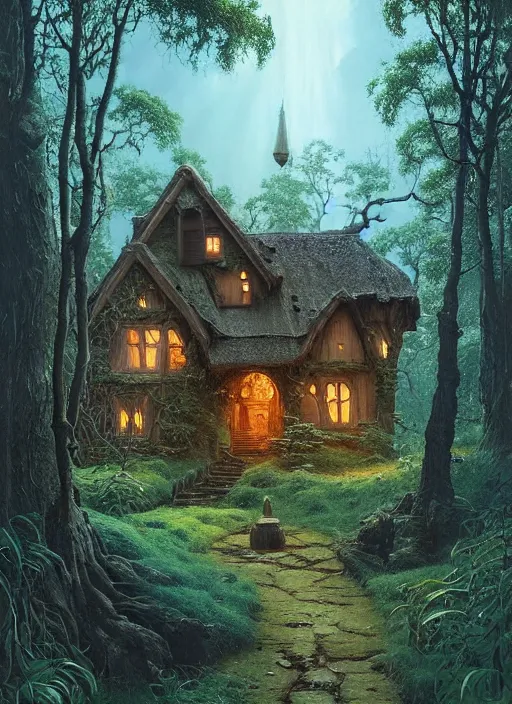 Image similar to hyper realistic homely ornate modern witch cottage distant down a path in the woods gorgeous lighting, blue sky, highly detailed, lush forest by zdzisław beksinski and norman rockwell and greg rutkowskiweta studio, and lucasfilm