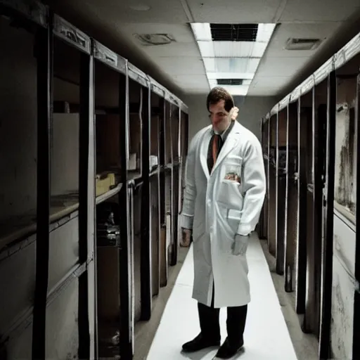 Image similar to a male scientist wearing a lab coat lost suit inside the very dark empty unsettling creepy backrooms, liminal space, horror scene