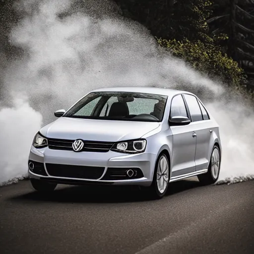 Prompt: silver mk6 vw Jetta doing a burnout, epic scenery, hyper realism, photography