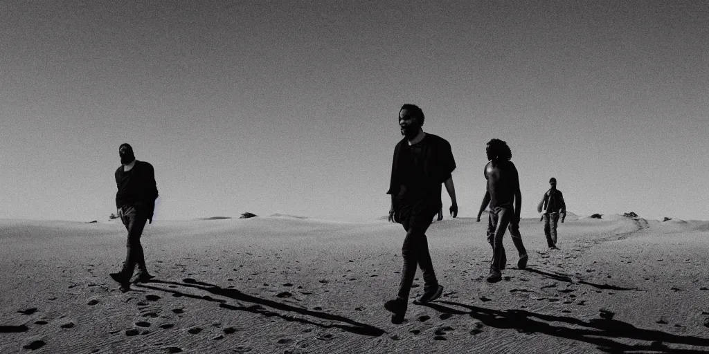 Prompt: Paul Rudd and Kendrick Lamar walking through a desert, Dune like atmosphere, Dune like clothing, black and white drawing, comic book