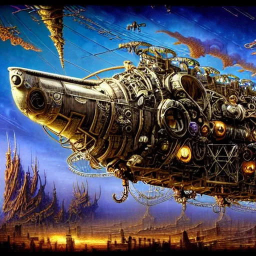 Prompt: intricate detailed post-apocalyptic futuristic steampunk airship. Lisa Frank, james gurney,dan luvisi,Petros Afshar,tim hildebrandt,liam wong,Mark Riddick,thomas kinkade,ernst haeckel,dan mumford,trending on artstation,josephine wall, WLOP ,cgsociety by Gediminas Pranckevicius, trending on cgsociety and DeviantArt