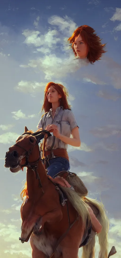 Image similar to southern ginger woman in ripped overalls riding a horse with a white mane, airbrushed, hazy, gentle, soft lighting, wojtek fus, by makoto shinkai and ilya kuvshinov,