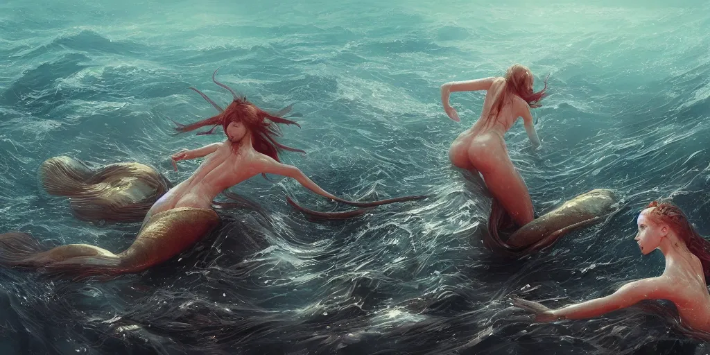 Image similar to Digital art Pixiv, Stunning mermaids swimming in a murky ocean, Kim Jung Gi, Greg Rutkowski, Darek Zabrocki, Karlkka, Jayison Devadas, Phuoc Quan, trending on Artstation, 8K, ultra wide angle, zenith perspective, pincushion lens effect