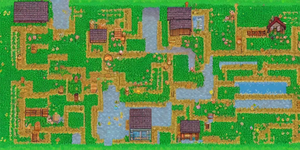 Prompt: small garden village, cottagecore, animal crossing, stardew valley, moss, village, plants, cute, friendly in the style of studio ghibli
