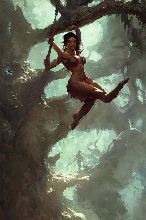 Prompt: Jane swinging from a tree , by Frank Frazetta, Greg Rutkowski, Boris Vallejo, epic fantasy character art, Exquisite detail, post-processing, low angle, masterpiece, cinematic