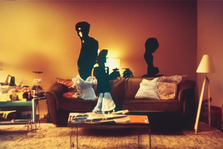 Image similar to led zepplin, presence, 1 suburban living room, single silhouette figure, crisp focus, 3 5 mm ektachrome