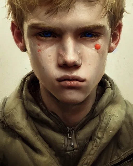 Image similar to portrait of 1 5 - year - old boy with blonde hair, round - face, and slightly buck - toothed, hyper realistic face, beautiful eyes, fantasy art, in the style of greg rutkowski, intricate, hyper detailed, smooth